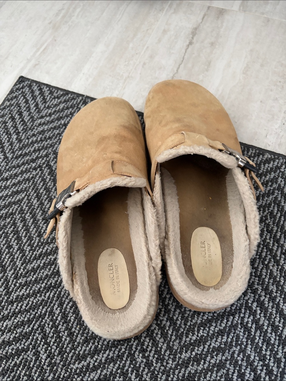 Moncler Tan Suede Shearling-Lined Slip-On Clogs